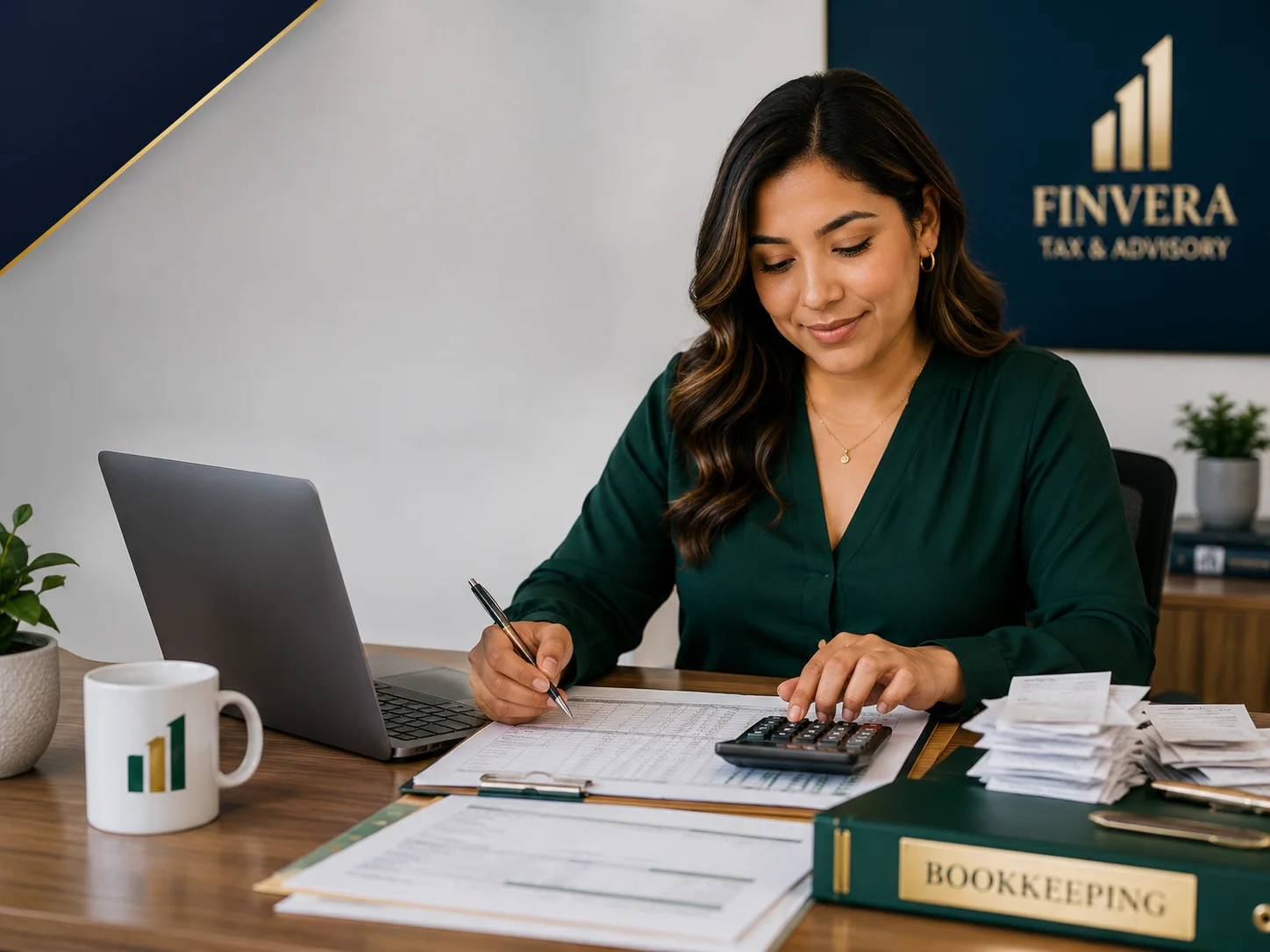 Asesora trabajando en bookkeeping y documentos contables